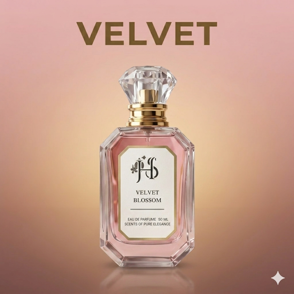 Heavoria Scents Velvet Blossom Eau de Parfum 50ml in an elegant crystal-inspired glass perfume bottle.