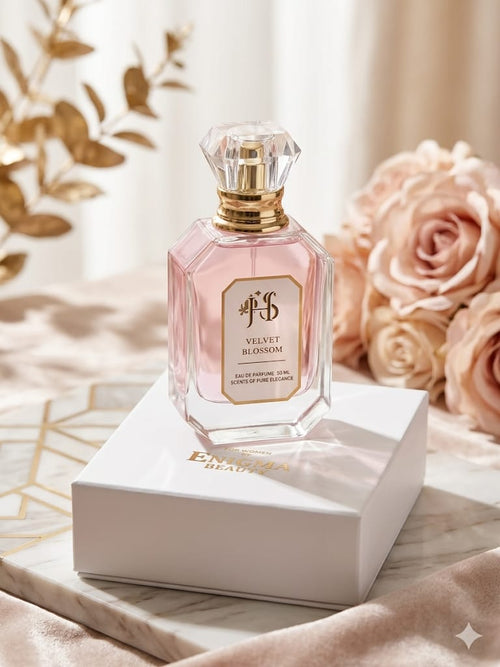 Velvet Blossom Eau de Parfum 50ml by Heavoria Scents in an elegant crystal-style perfume bottle.